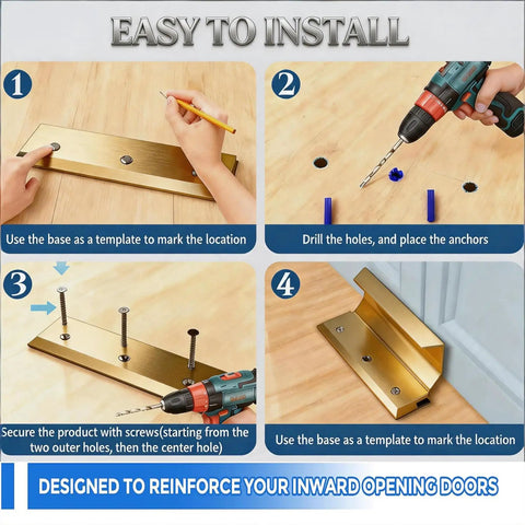 Easy installation steps for Heavy Duty Floor Door Lock And Security Barricade Anchors Interior Doors with aluminum frame.