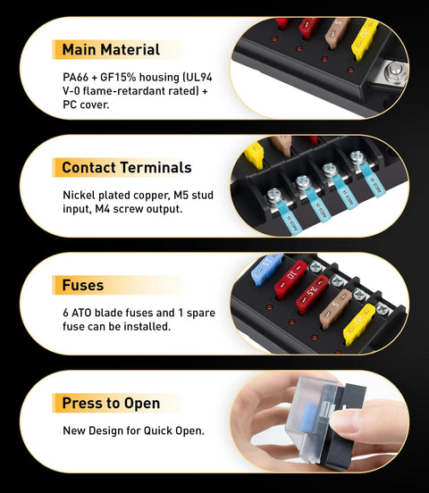Waterproof 4 Circuit Fuse Panel showing six ATO blade fuses, black housing, and nickel plated terminals for easy wiring.