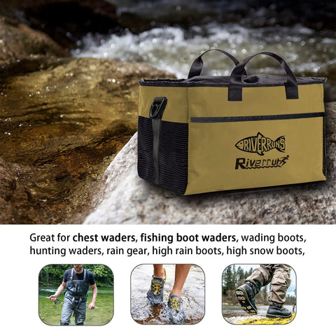 Vented Wader Bag With Mesh Panels For Fishing And Hunting, Water Resistant 108L Gear Tote For Boots And Dry Storage, Khaki XL