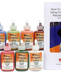 Front view of ten Mayco Designer Liner ceramic glaze bottles in assorted colors with instructional booklet