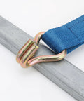 Close-up of Heavy Duty Steel Ratchet Tie Down Hooks For 25mm Straps, Zinc Plated With Anti Slip Surface, attached to a blue strap