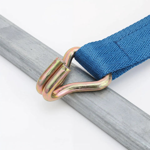 Close-up of Heavy Duty Steel Ratchet Tie Down Hooks For 25mm Straps, Zinc Plated With Anti Slip Surface, attached to a blue strap