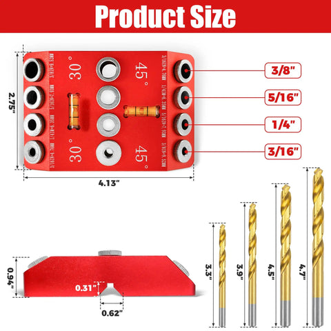 Heavy Duty Angle Drill Guide Jig With Integrated Bubble Level And Four Titanium Bits For Dead Accurate 30 45 And 90 Degree Precision showing product size and drill bit measurements.