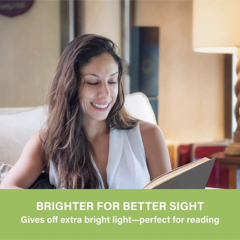 Woman reading a book under a lamp in a cozy room, A19 LED Light Bulb Non Dimmable 75 Watt Equivalent 11.5W 1100 Lumens Soft White 2700K E26 Standard UL Listed 6 Pack Budget Friendly Energy Saver For Home Office Great For Any Room In The House