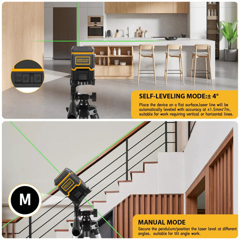 Green Cross Line Laser Level With Tripod Self Leveling Tool For Picture Hanging And Tile, Floor, Wall Alignment, DIY Friendly Home Renovation, Indoor Outdoor Use, 82 Ft Range, Easy Setup, Bright Green Beam in kitchen and stairway