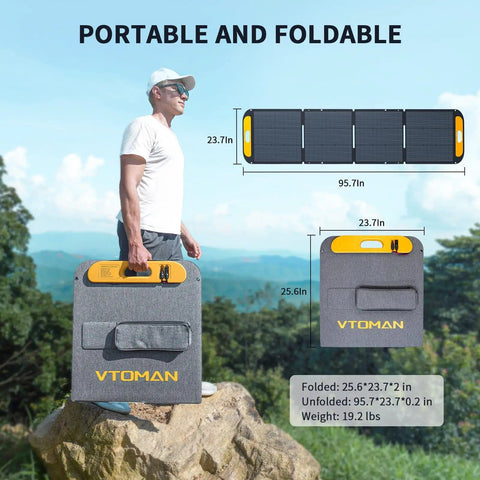 Man holding 200W Foldable Solar Panel Kit with Stand for Power Stations, 19V Output, IP67 Waterproof, folded and unfolded views