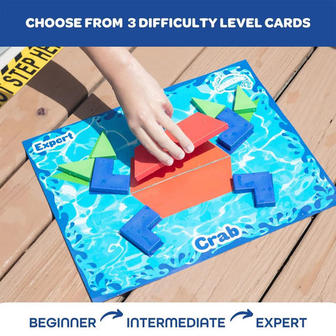 Child playing with Floating Underwater Dive Set for Pool and Beach Fun; colorful crab-shaped puzzle piece on wooden deck