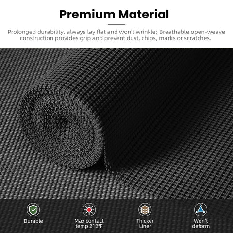 Super Thick Non Adhesive Shelf Liner For Kitchen Cabinets And Drawers Rock Solid Anti Slip Grip Heavy Duty Easy Cut Micro Foam Mat For Pantry And Bathroom Organization Black Roll showing rolled black mat with textured surface.