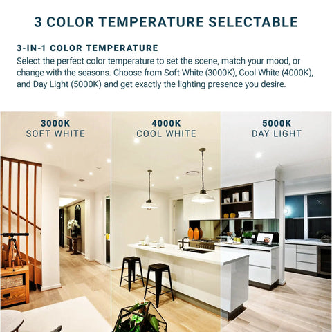 Image showing 12 Pack Dimmable Dope 5 or 6 Inch LED Disk Lights With 3CCT Color Temperature 3000K 4000K 5000K 1050 Lumens in a kitchen setting