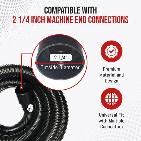 Heavy Duty Replacement Vacuum Hose For Shop Vac And Ridgid Style Wet Dry Vacuums, Crushproof Design With Airflow Control, 30 Foot Industrial Grade Hose For Home, Garage, And Shop Cleaning, shown with 2 1/4 inch machine end connections compatibility.