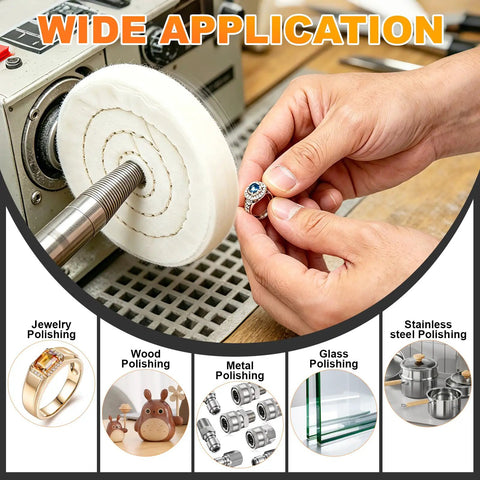 Pro Grade 4 Inch Metal Buffing And Polishing Kit for drill displayed polishing a ring on a machine with wide application visuals.