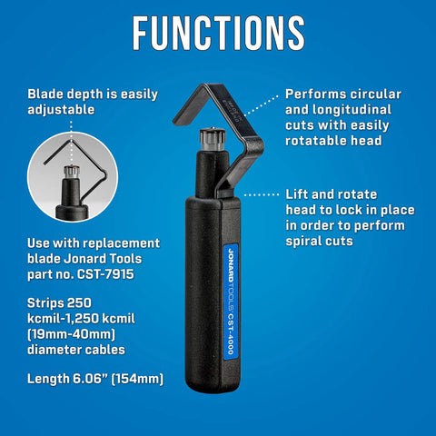 Round Cable Stripper CST-4000 With Patented Spiral Stripping Mode showing adjustable blade and rotatable head for cable size 19-40mm.