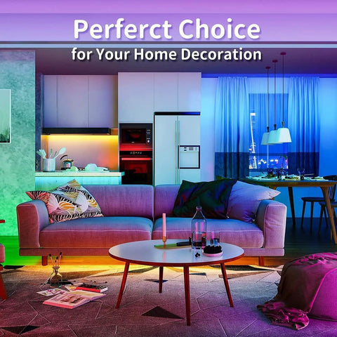 Modern living room with Ultra Long 130ft RGB LED Strip Lights Kit With 44 Keys Remote For Music Sync And Color Changing Mood Lighting