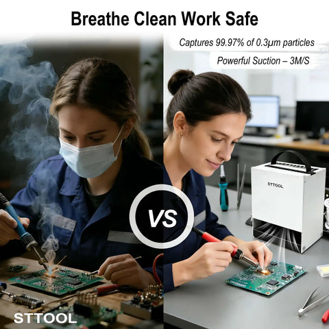 Comparison of two workers, one with and one without the Upgraded Solder Fume Extractor With High Suction And HEPA Filtration Portable Smoke Purifier