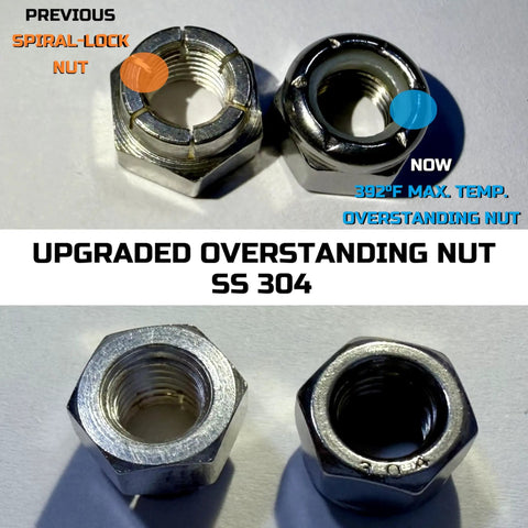 Upgraded Overstanding Nut SS 304 showing two nuts side by side, highlighting improved design for durability and heat resistance.