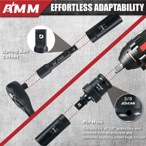 Impact Socket Set 123 Piece With 1/4 And 3/8 Inch Drives, Spring Ball Detent and Pin Hole in use with adapters