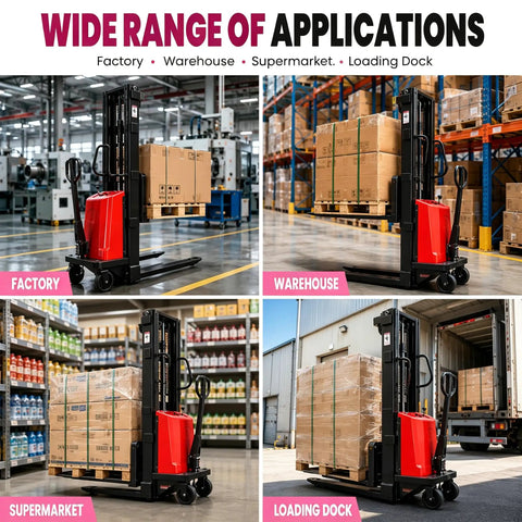 Heavy Duty Semi Electric Pallet Stacker With 3500 Lbs Load Capacity And 1.6 Kilowatt Motor in factory and warehouse settings.
