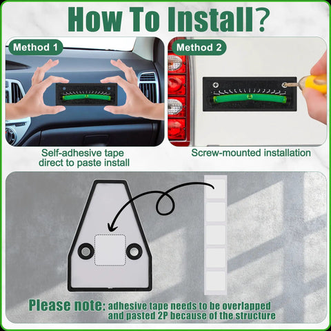 Installation guide for Rock Solid T Shape Rv Level Bubbles Four Pack showing adhesive and screw methods on camper wall.