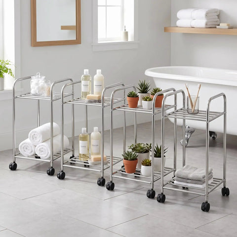 Floor Standing Metal Storage Rack For Laundry And Home Organization Movable And Rust Resistant Minimalist Shelving Unit in bathroom