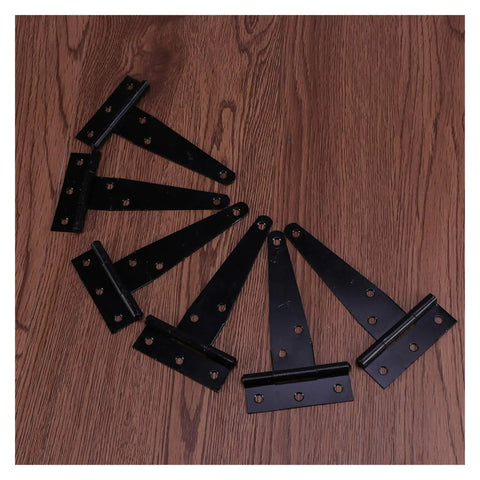 Heavy Duty Black T Shaped Door Hinges 8 Inch 4 Pack For Wooden Fence Warehouse Doors And Sheds Sturdy Iron Hinges on wood surface