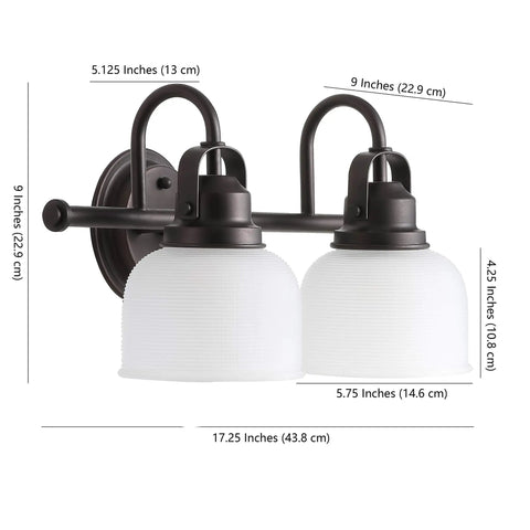 Oil Rubbed Bronze Modern 2 Light LED Bathroom Vanity Light With Clear Glass Bell Shades Wall Sconce For Mirror Hallway Kitchen 5.75 Inch ETL Listed LED Bulbs Included Easy Install shown with dimensions