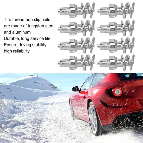Heavy Duty Double Head Tire Studs 50 Pc Pack Tungsten Steel Anti Skid Screws for trucks on snowy road with car tire.