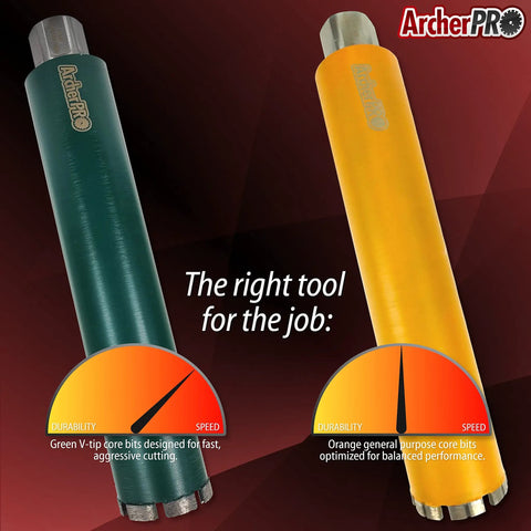 5 Inch Aggressive Diamond Turbo Core Drill Bits With V Tip For Core Drill Stand Rigs In Concrete Masonry And Cinder Blocks Dry Or Wet Use Laser Welded Segments Thin Wall Steel Core Medium Bond For General Purpose Drilling Across Materials, green and orange drill bits displayed.