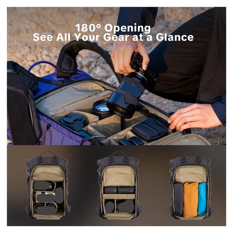 Ultralight Expandable Camera Backpack For Photographers Outdoor Travel With Rain Cover 40L Space Black open with gear inside