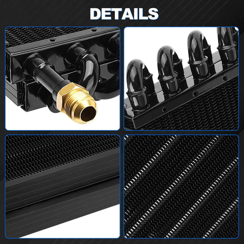 Details of Sixteen Pass One Half Inch Transmission Cooler With Eight AN Tube Fin Aftercooler in black aluminum