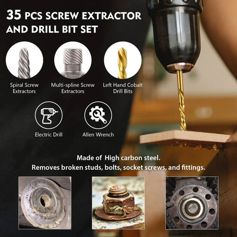 35 Pc Drill Bit Set With Multi Spline Bolt Extractors And Left Hand Cobalt Drill Bits In use on wood, showing features and components