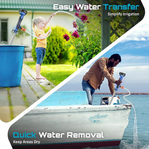 Fabater Cordless Stick Water Transfer Pump 36LPM Portable Sump in use for irrigation and quick water removal.