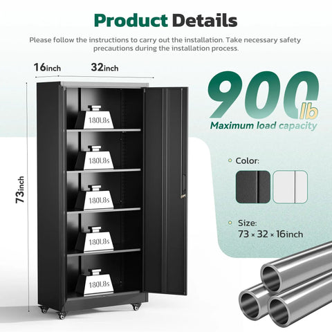 Heavy Duty 73 Inch Metal Storage Cabinet On Wheels With Locking Doors And Four Adjustable Shelves, Durable Steel Garage Cabinet For Home Kitchen Office And Warehouse, 32 Inch Wide By 16 Inch Deep product details