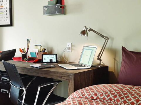 Home office desk with In-Wall USB Charger With 20 Amp Tamper-Resistant Outlet, Dual USB Ports Deliver 3.6A Total, Smart Charging Chip.