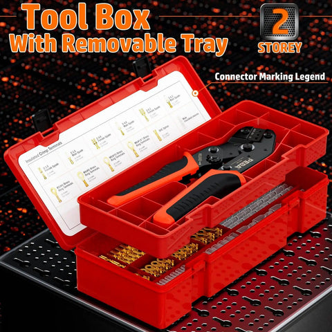 Pro Grade Open Barrel Crimping Tool Kit With Ratcheting Crimper And 10 Size Spade And Ring Terminal Connectors in red box