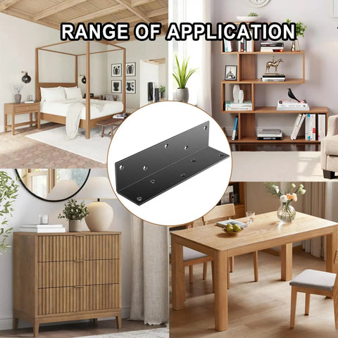 Heavy Duty 8 Inch L Brackets Black Corner Brace Metal Joint With Screws Rugged supports various furniture assemblies like shelves and tables.