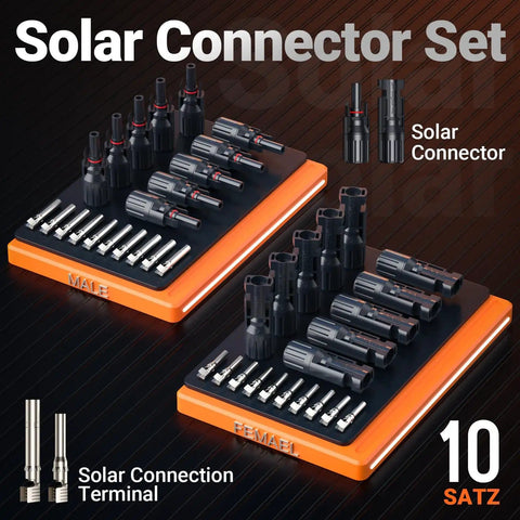 Pro Grade Solar Crimp Tool Kit With Ratcheting Crimper, featuring solar connectors and terminals for 16-6 AWG wires.