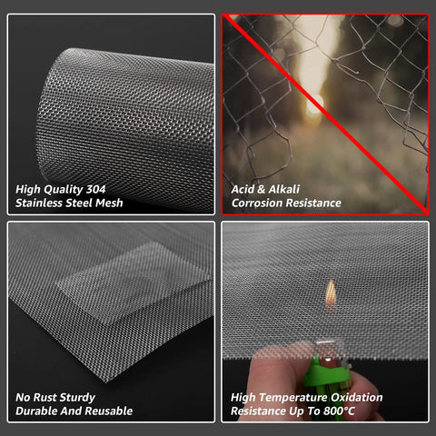 Close-up of Six Pack 12x8 Inch Stainless Steel Wire Mesh Screens showing corrosion resistance and heat tolerance with lighter test.