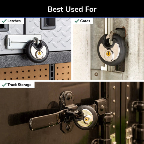 Beefy Commercial Stainless Discus Padlock Keyed 70 mm 4 Pin Cylinder Black Heavy Duty Security Lock with Cut Resistant Shackle on latches and gates