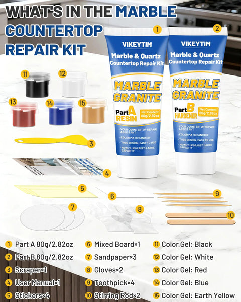 Tile, Marble And Granite Repair Kit Color Match For Quartz Countertops 160g 5.64oz White Paste With 5 Color Gels displayed on countertop