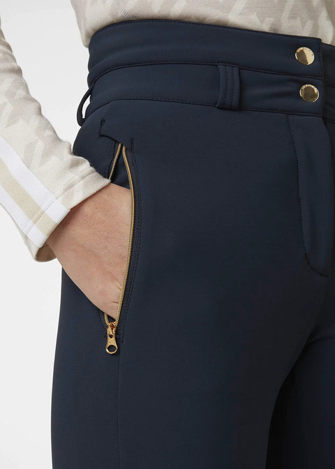 Close-up of Avanti Stretch Pant Women's Waterproof Snow Ski Pants for Warmth and Flexibility on the Slopes, 3L Softshell, Navy, XL pocket detail