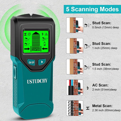 Heavy Duty 5 In 1 Electronic Stud Finder And Wall Scanner with LCD display showing five scanning modes.