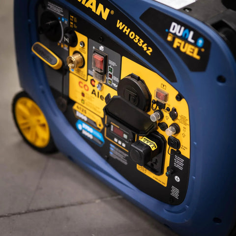 Close-up of control panel on a portable generator with yellow and black details, suitable for AC EMP generator protection for inverters.