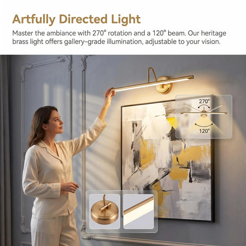 Woman adjusting Brass Finish 24.4 Inch Hard Wired Led Picture Light With Swing Arm Wall Mount For Paintings Slim 14W Warm White 3000K Display Sconce 90 Degree Swivel Elegant Wall Lighting For Hallways And Galleries