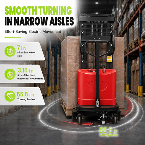 Heavy Duty 3500 Lbs Full Electric Pallet Stacker With Massive 98 Inch Lift Height For High Shelves And Powerful Walkie Control System in a warehouse.