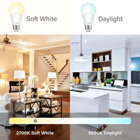 Comparison of A19 LED Light Bulb Non Dimmable 75 Watt Equivalent 11.5W 1100 Lumens Soft White 2700K with daylight setting