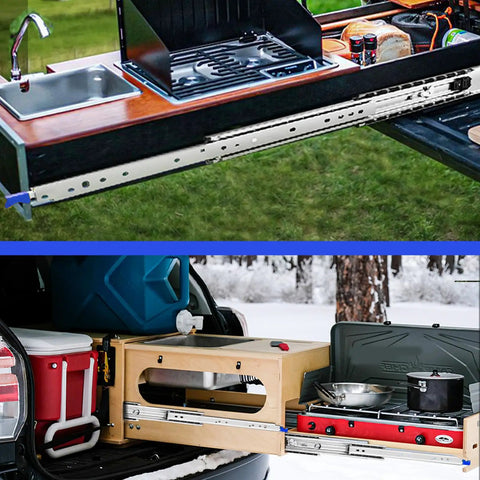 72 Inch Heavy Duty Drawer Slides 500LB Full Extension Ball Bearing Rails With Lock installed on a camping kitchen setup