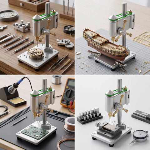 Portable Mini Bench Drill Press With Power Supply, Precision 13 mm Column and 13 mm Travel, 3.175 mm Chuck for detailed work on various materials.