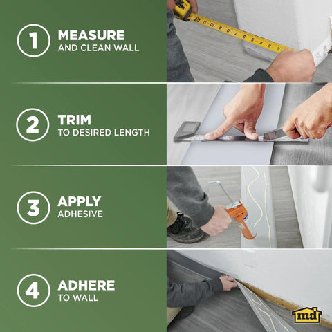 Installation steps for 4 Inch Dry Back Vinyl Wall Base With Flexible Toe Kick Trim 60 Ft Roll No Fuss Easy Install Durable Molding For Floors And Baseboards Silver Gray Finish