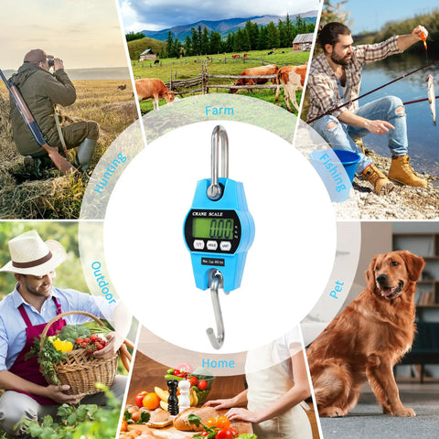 Heavy Duty Digital Crane Scale 660 Lb Handheld Hanging Weight Scale With Crisp Backlit Lcd Display in use for farm, fishing, and home applications.