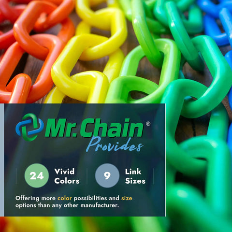 Colorful plastic chains, including Yellow Plastic Barrier Chain 1.5 Inch Link Diameter 100 Foot Length For Crowd Control And Traffic Direction.